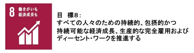 目標8：働きがいも経済成長も。すべての人々のための持続的、包摂的かつ持続可能な経済成長、生産的な完全雇用およびディーセント・ワークを推進する