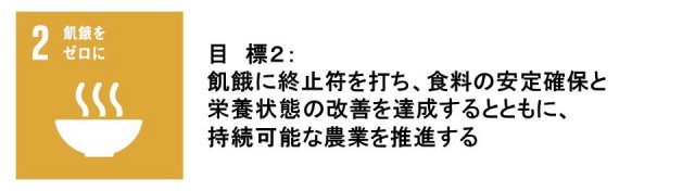 目標2：飢餓をゼロに。飢餓に終止符を打ち、食料の安定確保と栄養状態の改善を達成するとともに、持続可能な農業を推進する