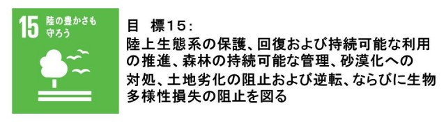 目標15：陸の豊かさも守ろう。陸上生態系の保護、回復および持続可能な利用の推進、森林の持続可能な管理、砂漠化への対処、土地劣化の阻止および逆転、ならびに生物多様性損失の阻止を図る