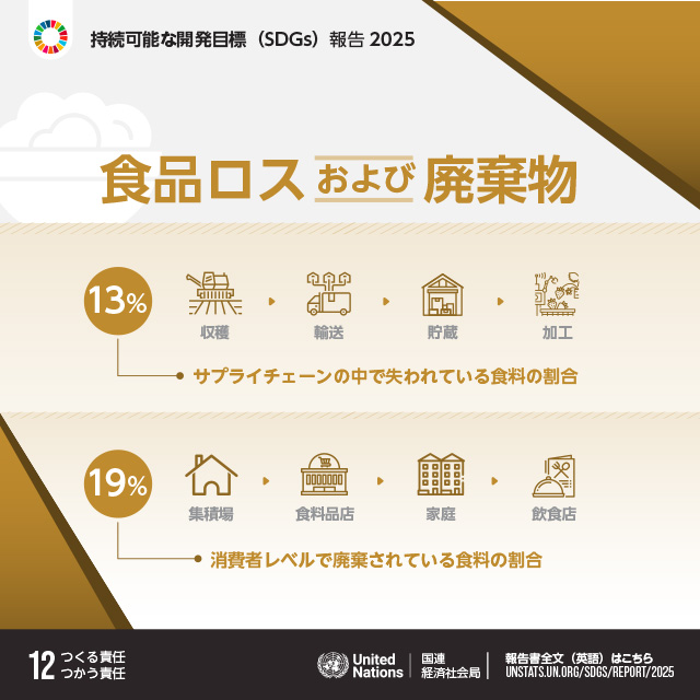 12.つくる責任つかう責任「食品ロスおよび廃棄物 サプライチェーンの中で失われている食料の割合 13% 消費者レベルで廃棄されている食料の割合 19%」