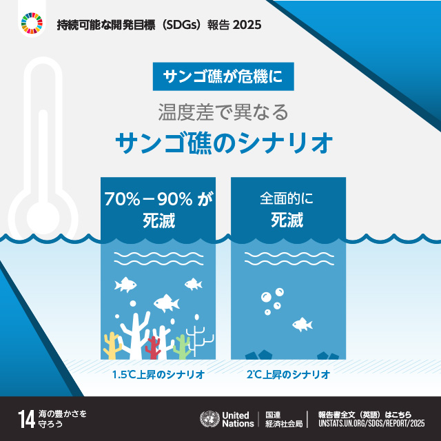 14.海の豊かさを守ろう「サンゴ礁が危機に 温度差で異なるサンゴ礁のシナリオ 1.5℃上昇のシナリオ 70%－90%が死滅 2℃上昇のシナリオ 全面的に死滅」