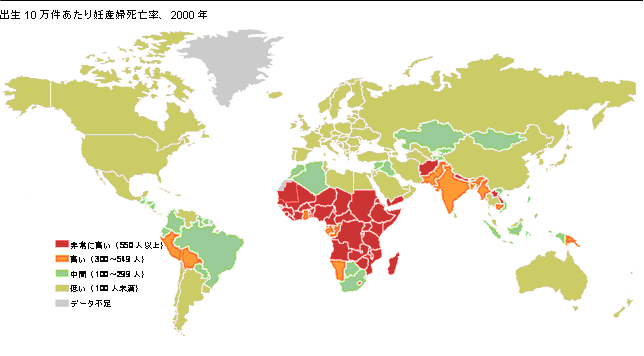 出生10万件あたり妊産婦死亡率、2000年